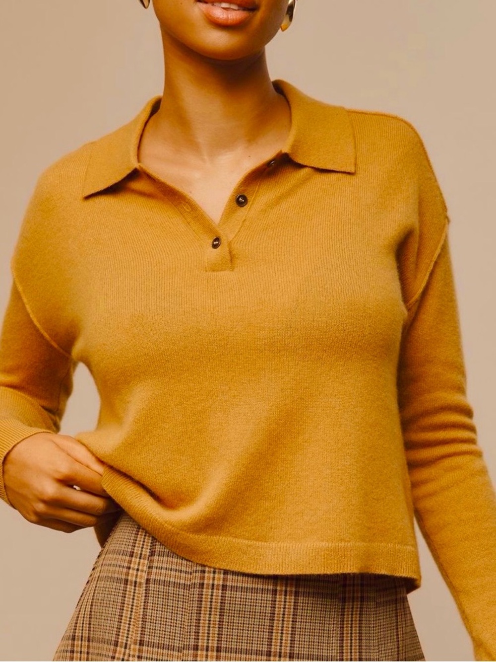 Medium Anthropologie Pilcro Jensen Cashmere Cropped polo Sweater gold mustard